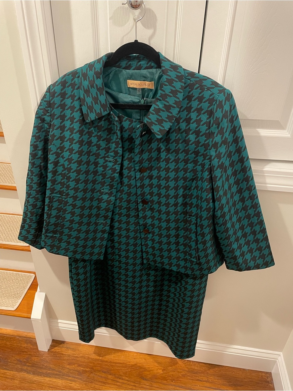 Nipon Boutique Green & Black Houndstooth Dress Suit Size 16 EUC